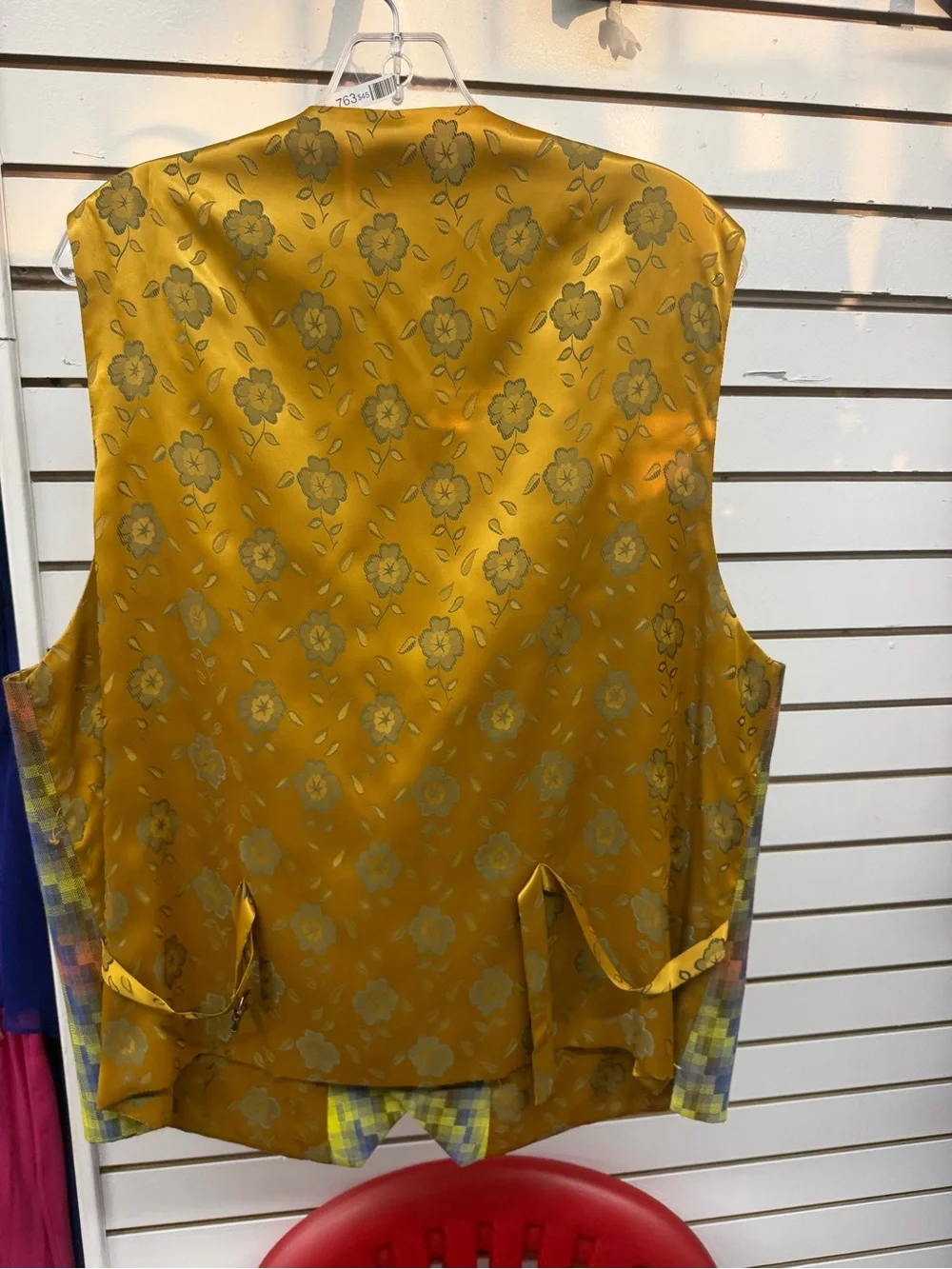 Men’s 44R Plaid Dress Vest Gold Floral Satin Back Statement Waistcoat